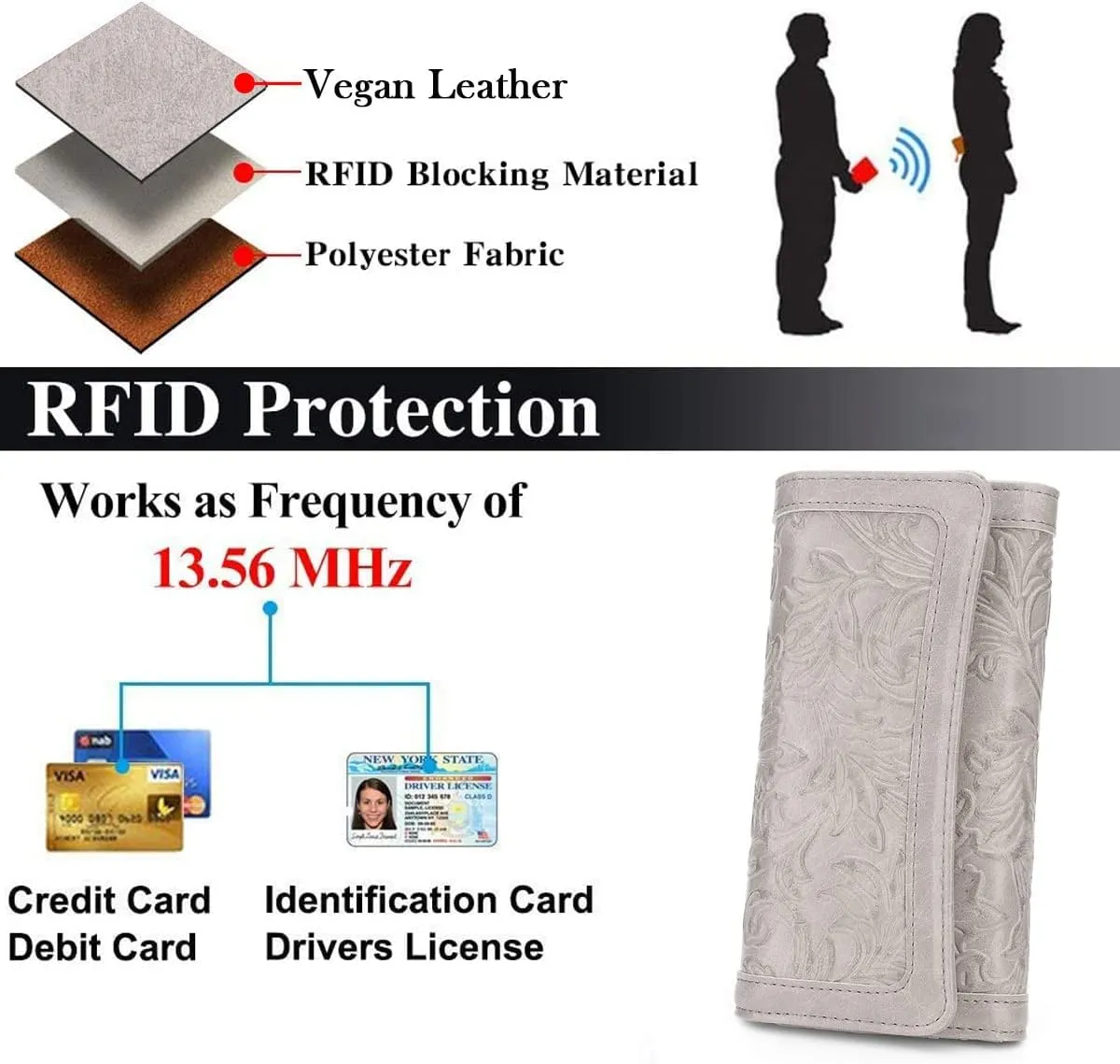 MEITRUE Women's Wallet Leather RFID Blocking Trifold Ladies Purse Embossed long Clutch Card Holder Phone Checkbook Organizer