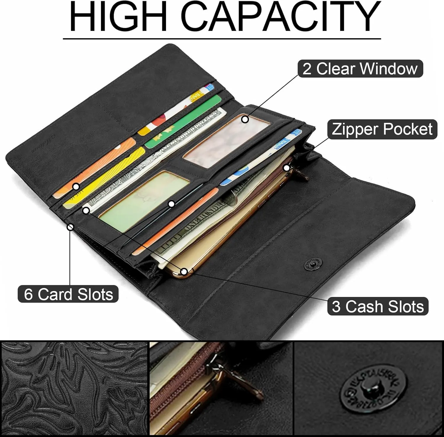 MEITRUE Women's Wallet Leather RFID Blocking Trifold Ladies Purse Embossed long Clutch Card Holder Phone Checkbook Organizer