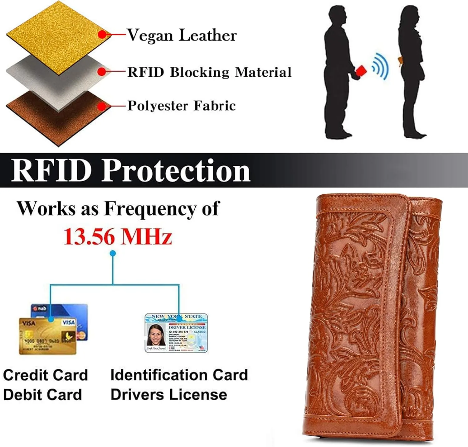 MEITRUE Women's Wallet Leather RFID Blocking Trifold Ladies Purse Embossed long Clutch Card Holder Phone Checkbook Organizer