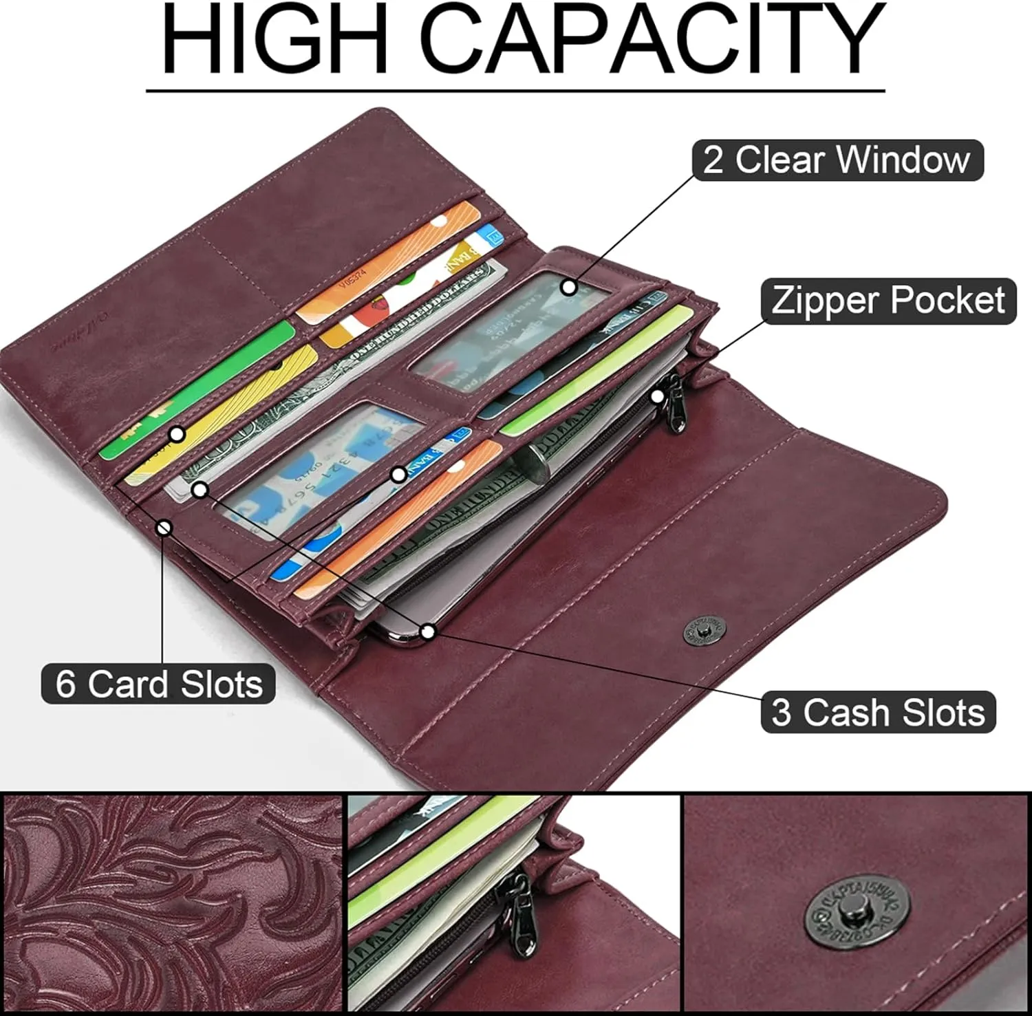 MEITRUE Women's Wallet Leather RFID Blocking Trifold Ladies Purse Embossed long Clutch Card Holder Phone Checkbook Organizer