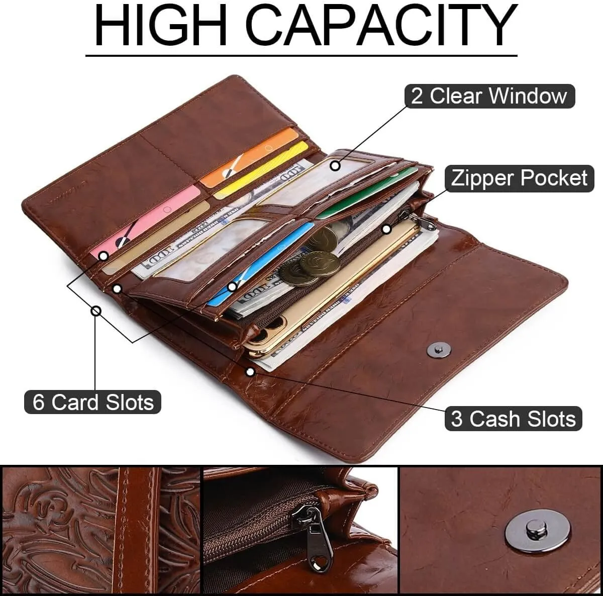 MEITRUE Women's Wallet Leather RFID Blocking Trifold Ladies Purse Embossed long Clutch Card Holder Phone Checkbook Organizer
