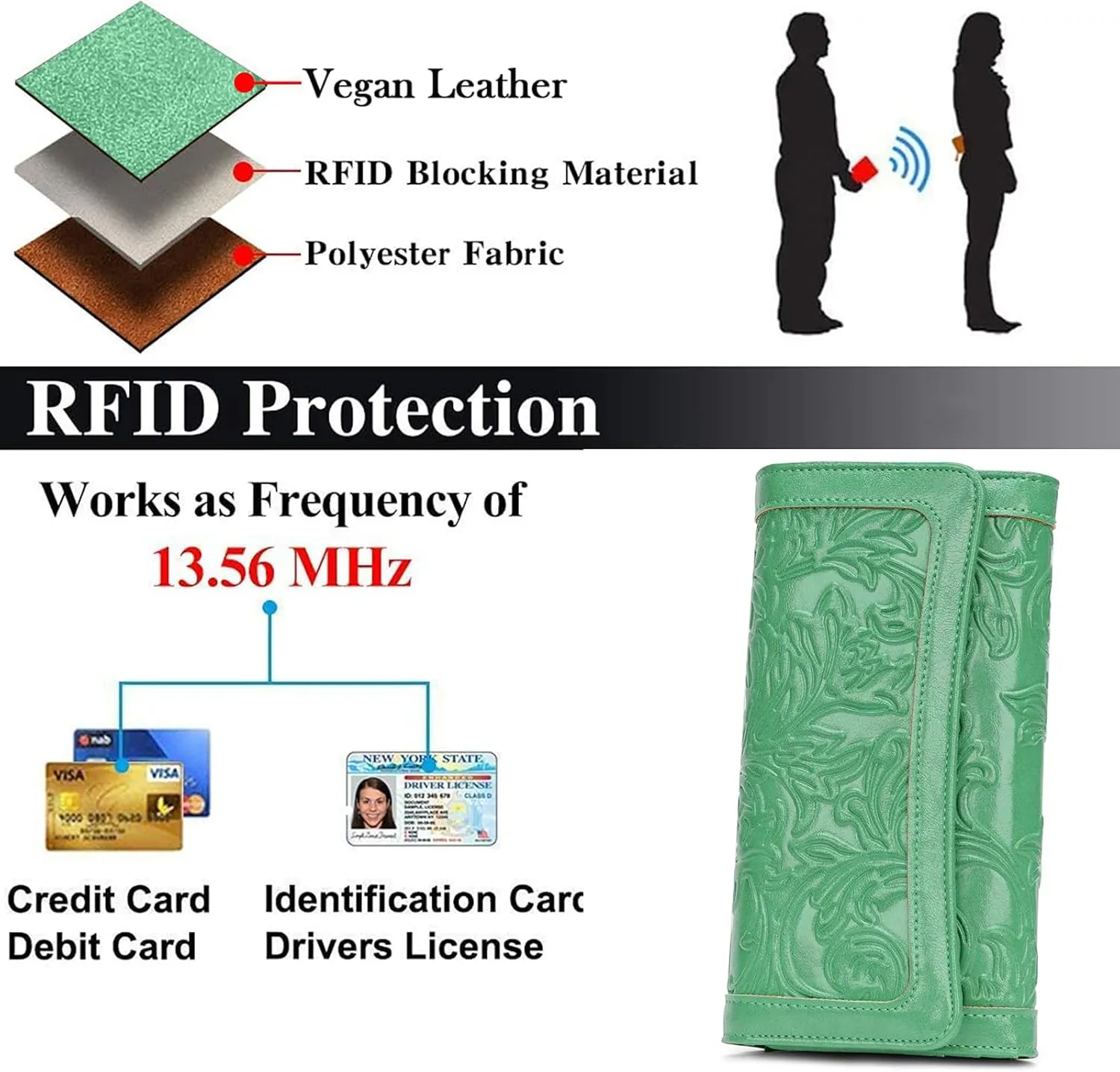 MEITRUE Women's Wallet Leather RFID Blocking Trifold Ladies Purse Embossed long Clutch Card Holder Phone Checkbook Organizer