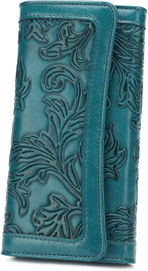 MEITRUE Women's Wallet Leather RFID Blocking Trifold Ladies Purse Embossed long Clutch Card Holder Phone Checkbook Organizer