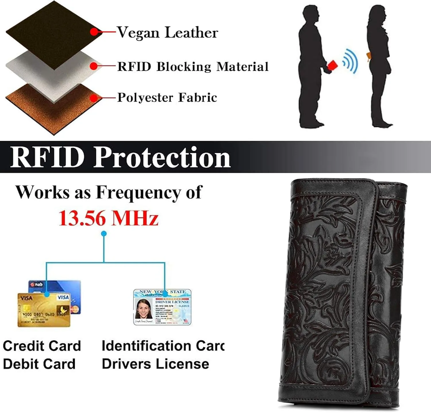 MEITRUE Women's Wallet Leather RFID Blocking Trifold Ladies Purse Embossed long Clutch Card Holder Phone Checkbook Organizer