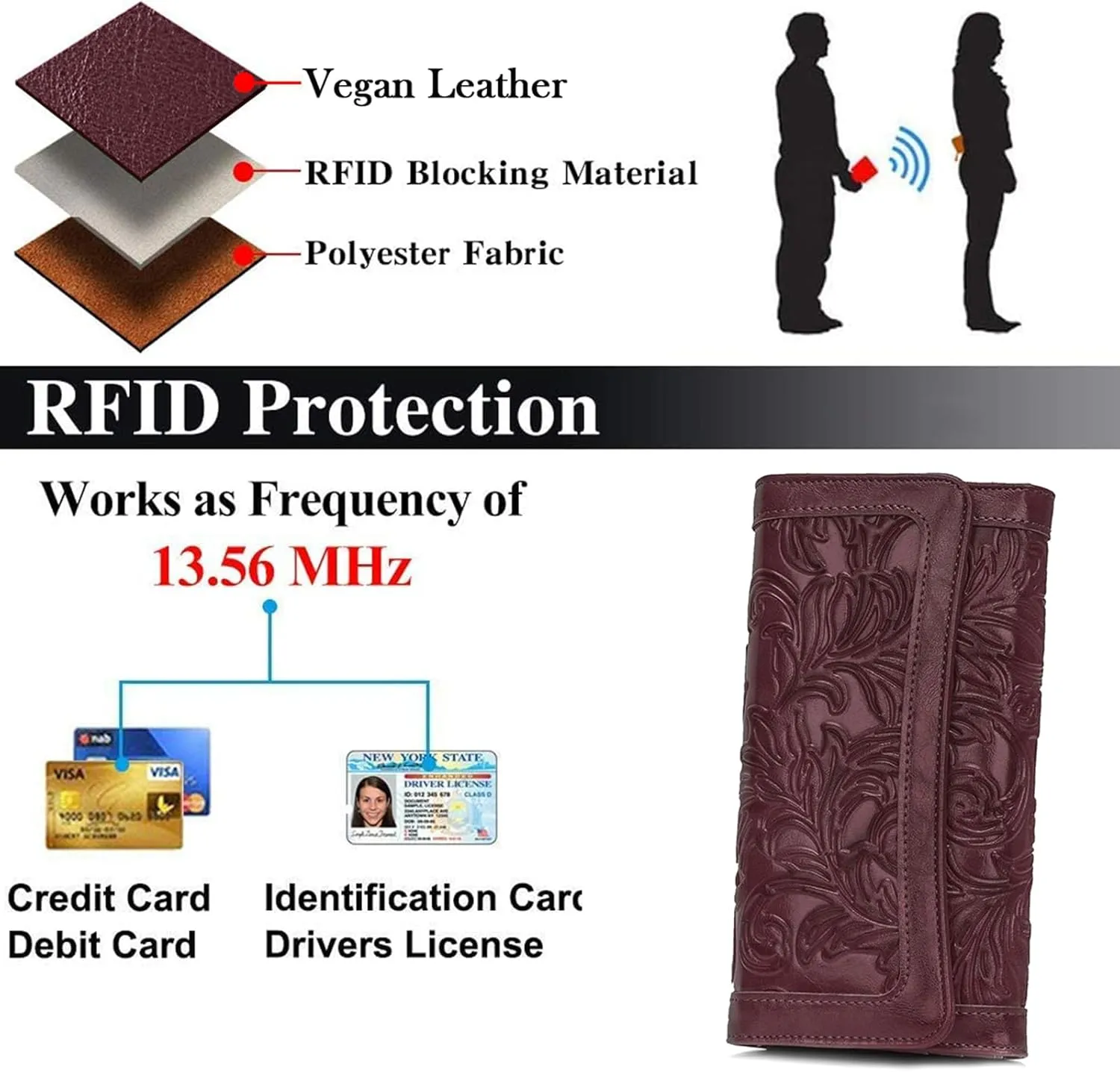 MEITRUE Women's Wallet Leather RFID Blocking Trifold Ladies Purse Embossed long Clutch Card Holder Phone Checkbook Organizer