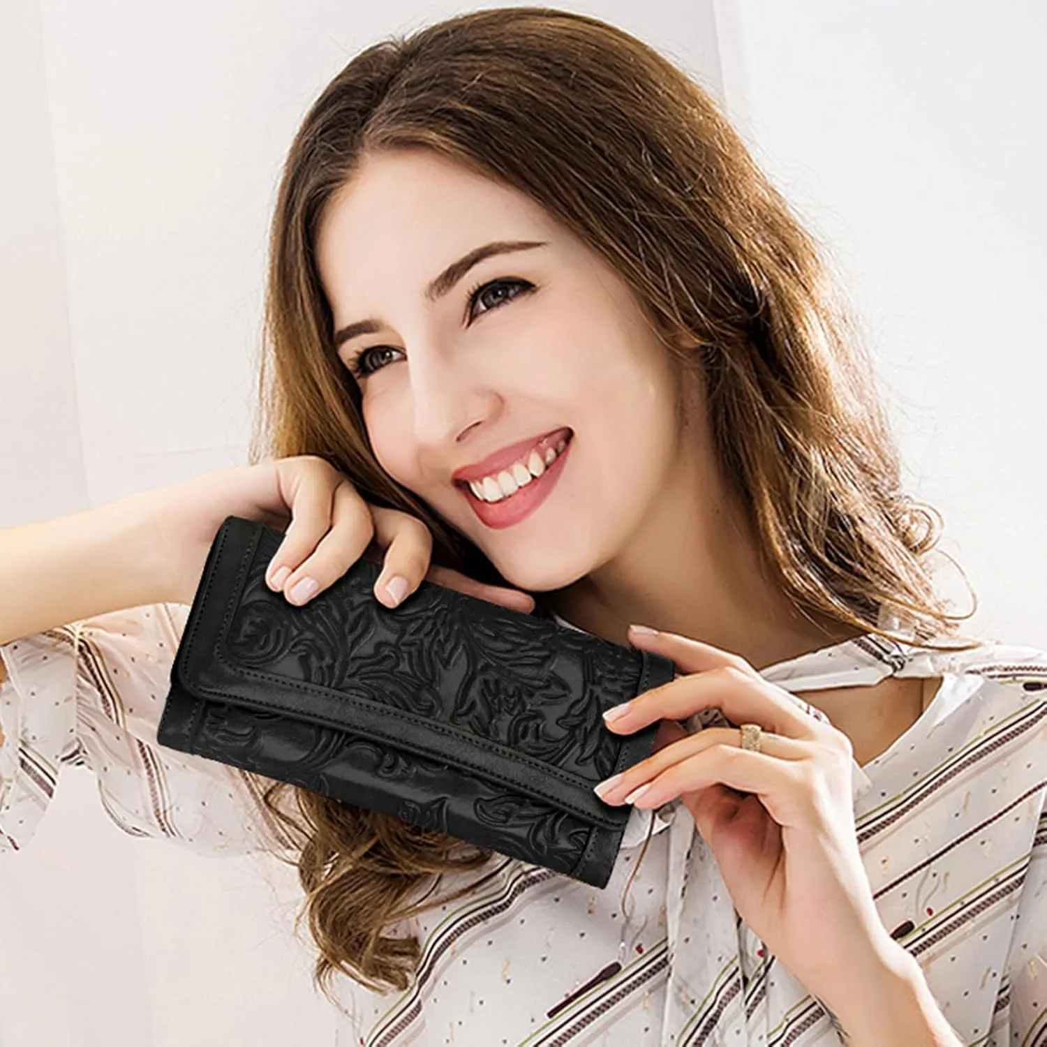 MEITRUE Women's Wallet Leather RFID Blocking Trifold Ladies Purse Embossed long Clutch Card Holder Phone Checkbook Organizer