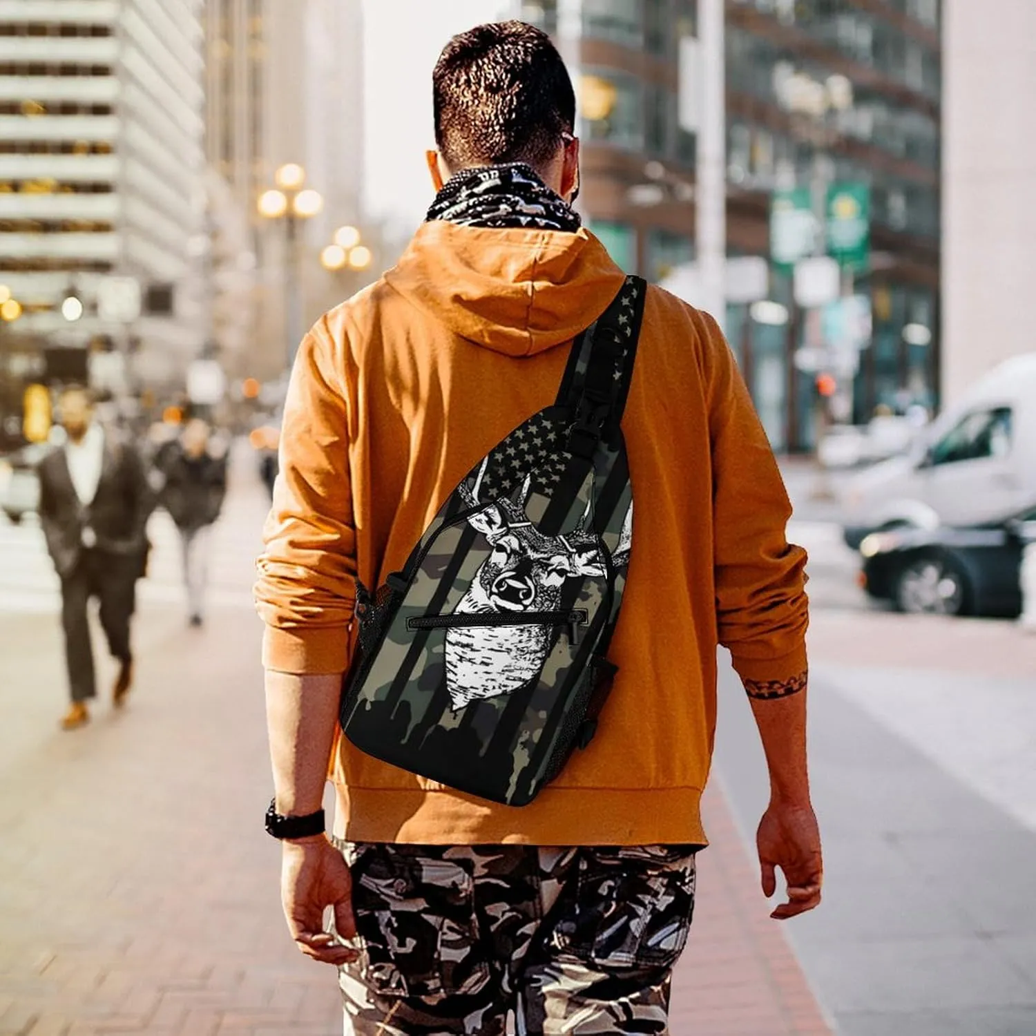 Men & Women Sling Backpack Camo Camouflage American Flag Hunting Cool Deer Black Gym Bags Sack Daypack Outdoor Backpack - Multipurpose Anti-Theft Carry On Bag, Compact Shoulder Chest Crossbody Bag