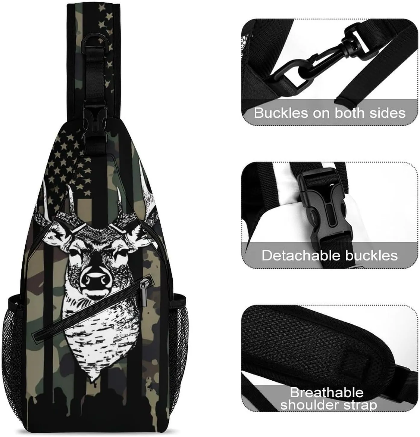 Men & Women Sling Backpack Camo Camouflage American Flag Hunting Cool Deer Black Gym Bags Sack Daypack Outdoor Backpack - Multipurpose Anti-Theft Carry On Bag, Compact Shoulder Chest Crossbody Bag