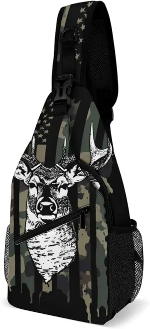 Men & Women Sling Backpack Camo Camouflage American Flag Hunting Cool Deer Black Gym Bags Sack Daypack Outdoor Backpack - Multipurpose Anti-Theft Carry On Bag, Compact Shoulder Chest Crossbody Bag