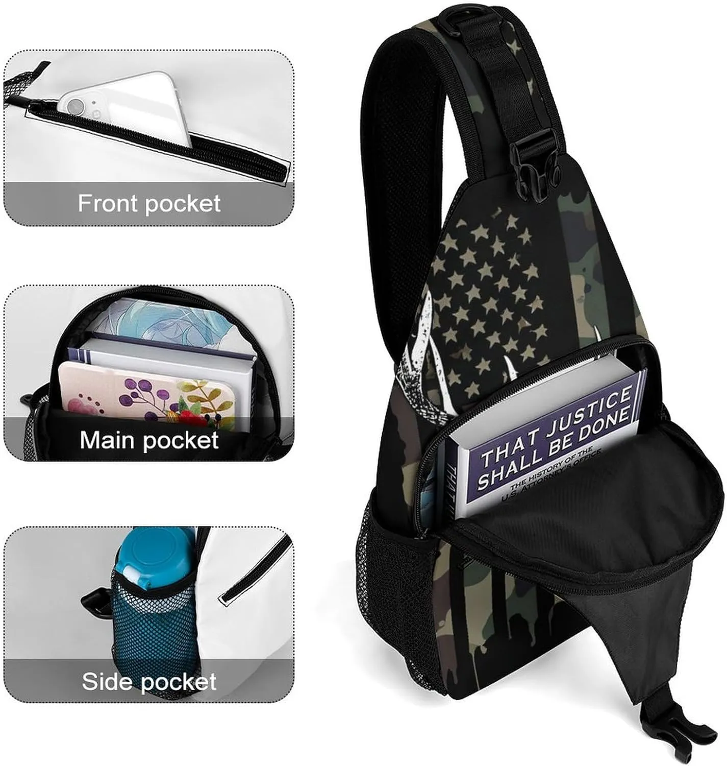 Men & Women Sling Backpack Camo Camouflage American Flag Hunting Cool Deer Black Gym Bags Sack Daypack Outdoor Backpack - Multipurpose Anti-Theft Carry On Bag, Compact Shoulder Chest Crossbody Bag