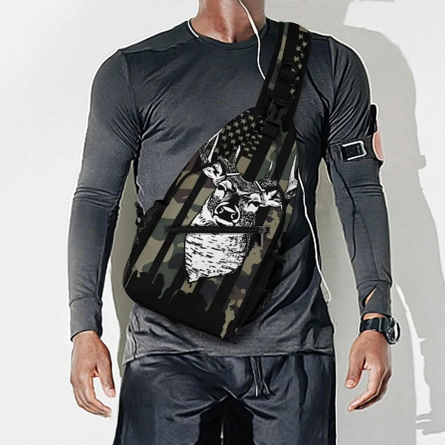 Men & Women Sling Backpack Camo Camouflage American Flag Hunting Cool Deer Black Gym Bags Sack Daypack Outdoor Backpack - Multipurpose Anti-Theft Carry On Bag, Compact Shoulder Chest Crossbody Bag