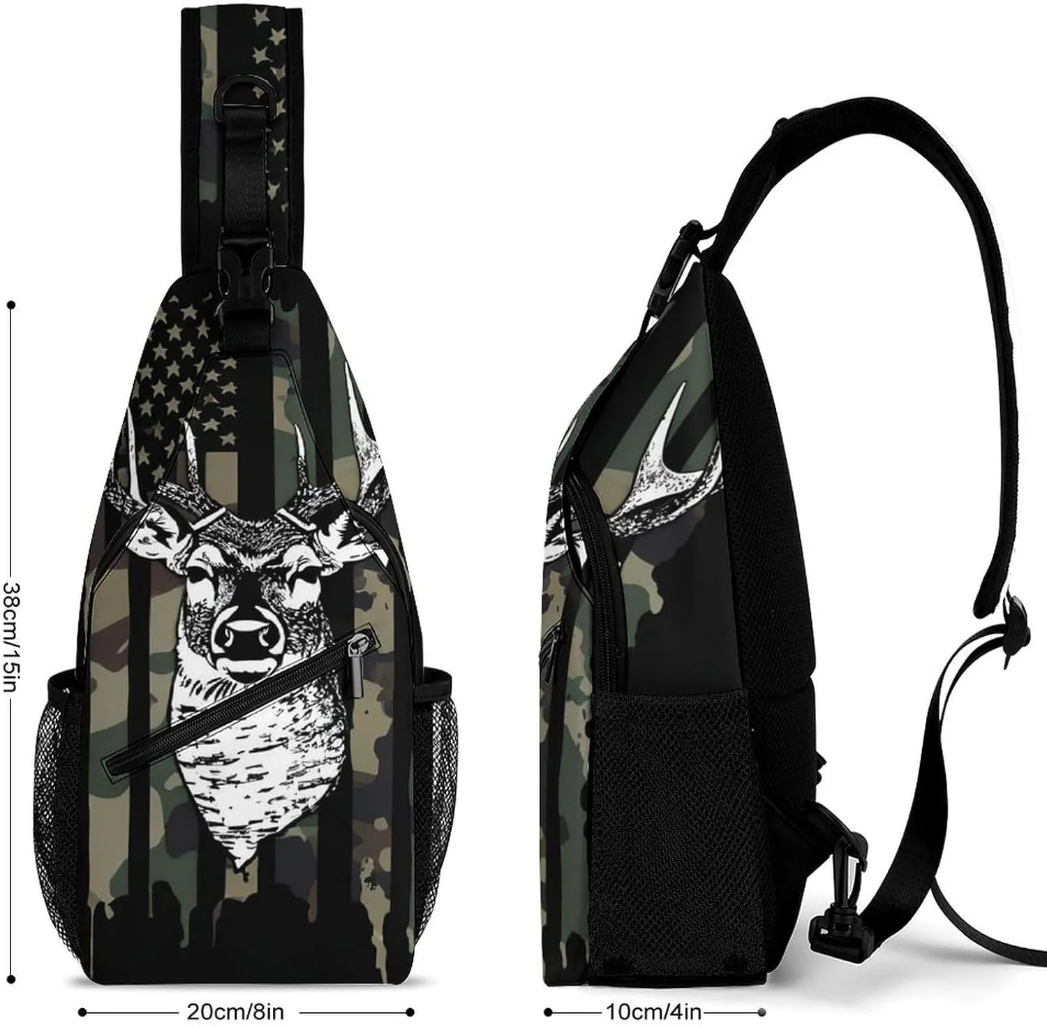 Men & Women Sling Backpack Camo Camouflage American Flag Hunting Cool Deer Black Gym Bags Sack Daypack Outdoor Backpack - Multipurpose Anti-Theft Carry On Bag, Compact Shoulder Chest Crossbody Bag