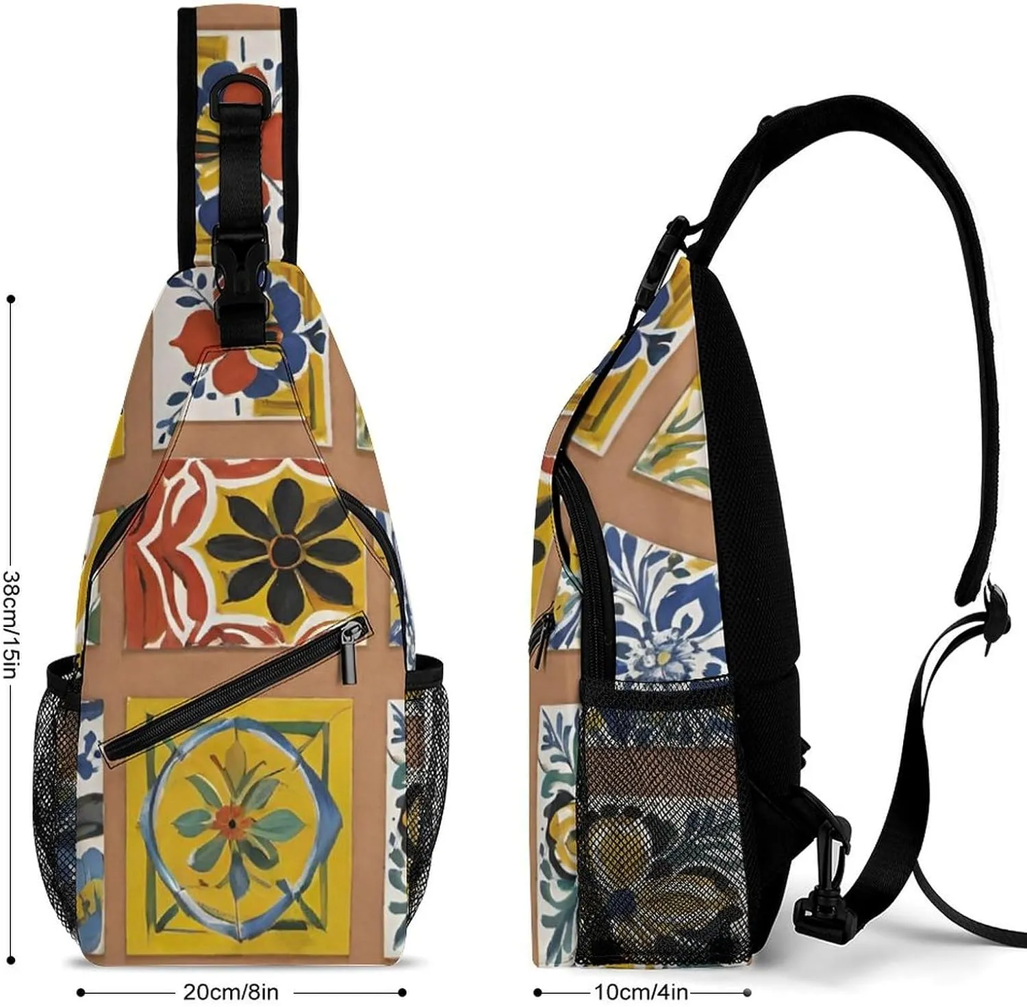Men & Women Sling Shoulder Backpack Travel Backpack Camping Outdoor Bag - Talavera Mexican Tiles Art Anti-Theft Multipurpose Bookbag, Unbalance Shoulder Chest Crossbody Bag