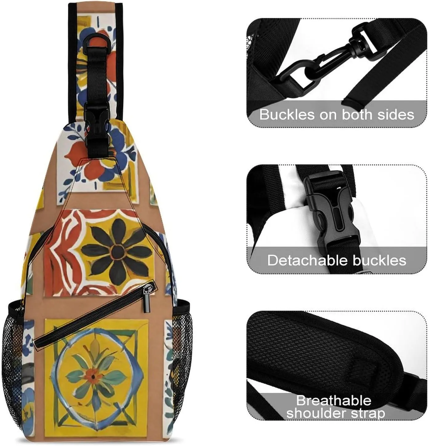 Men & Women Sling Shoulder Backpack Travel Backpack Camping Outdoor Bag - Talavera Mexican Tiles Art Anti-Theft Multipurpose Bookbag, Unbalance Shoulder Chest Crossbody Bag