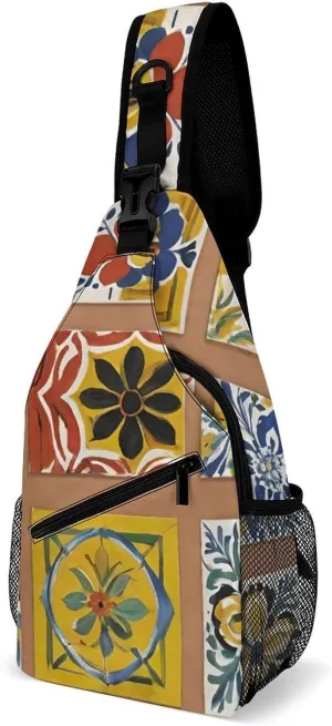 Men & Women Sling Shoulder Backpack Travel Backpack Camping Outdoor Bag - Talavera Mexican Tiles Art Anti-Theft Multipurpose Bookbag, Unbalance Shoulder Chest Crossbody Bag