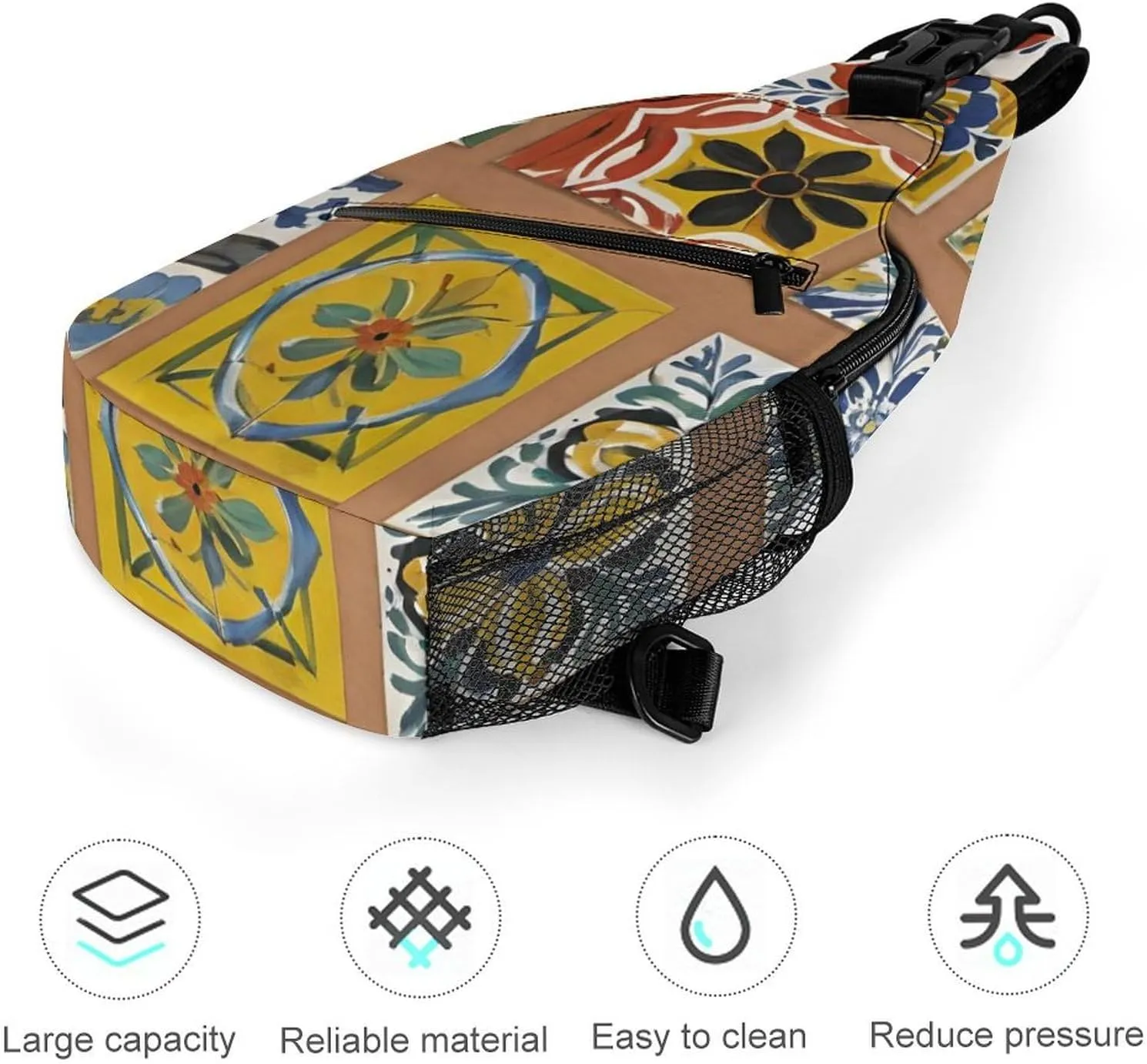 Men & Women Sling Shoulder Backpack Travel Backpack Camping Outdoor Bag - Talavera Mexican Tiles Art Anti-Theft Multipurpose Bookbag, Unbalance Shoulder Chest Crossbody Bag