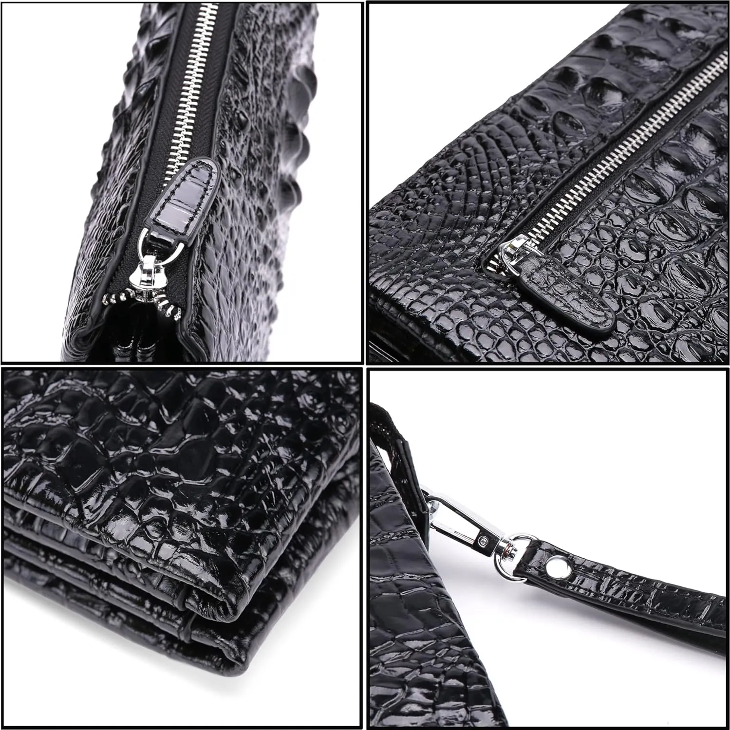 Men Clutch Bag Genuine Leather Purse Wristlet Handbag Envelope Bag Crocodile Embossed Personalized Zipper Wallets…