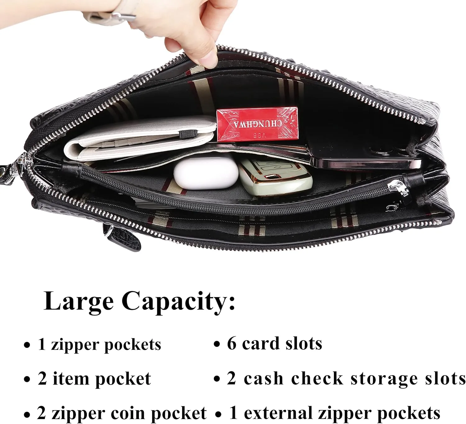 Men Clutch Bag Genuine Leather Purse Wristlet Handbag Envelope Bag Crocodile Embossed Personalized Zipper Wallets…