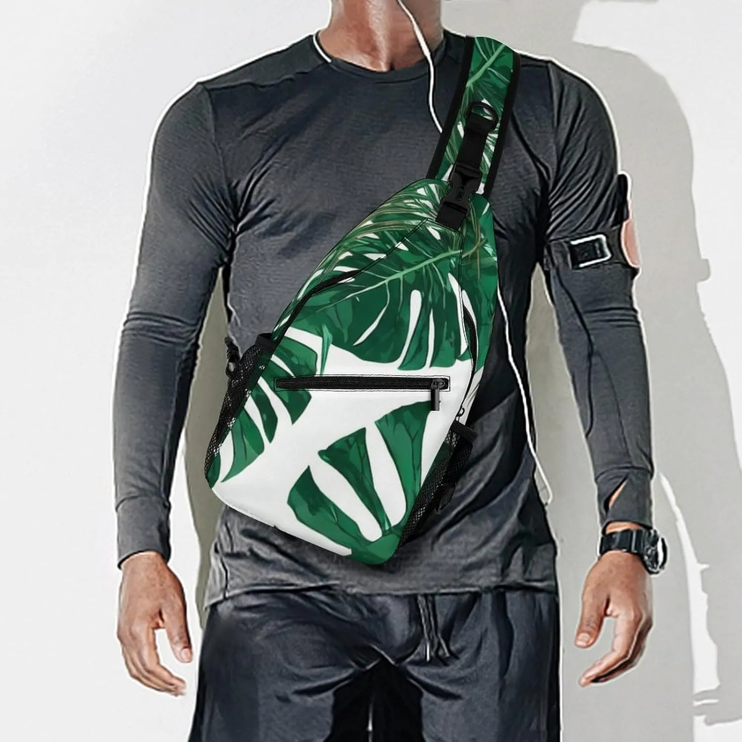 Men Sling Backpack Packable Unbalance Chest Day Bag - Green Leaf Tropical Palm Tree Leaves Art Multipurpose Anti-Theft Rucksack Messenger Bag With Adjustable Shoulder Strap