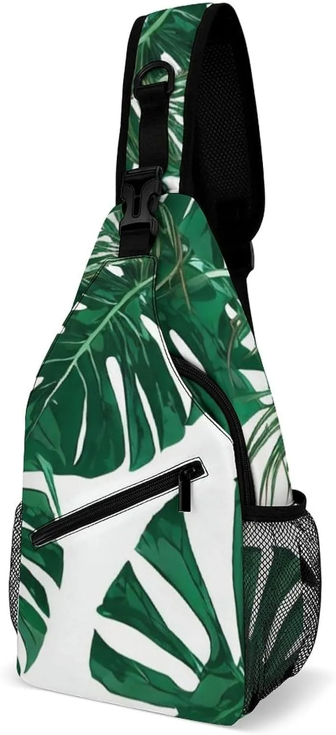 Men Sling Backpack Packable Unbalance Chest Day Bag - Green Leaf Tropical Palm Tree Leaves Art Multipurpose Anti-Theft Rucksack Messenger Bag With Adjustable Shoulder Strap