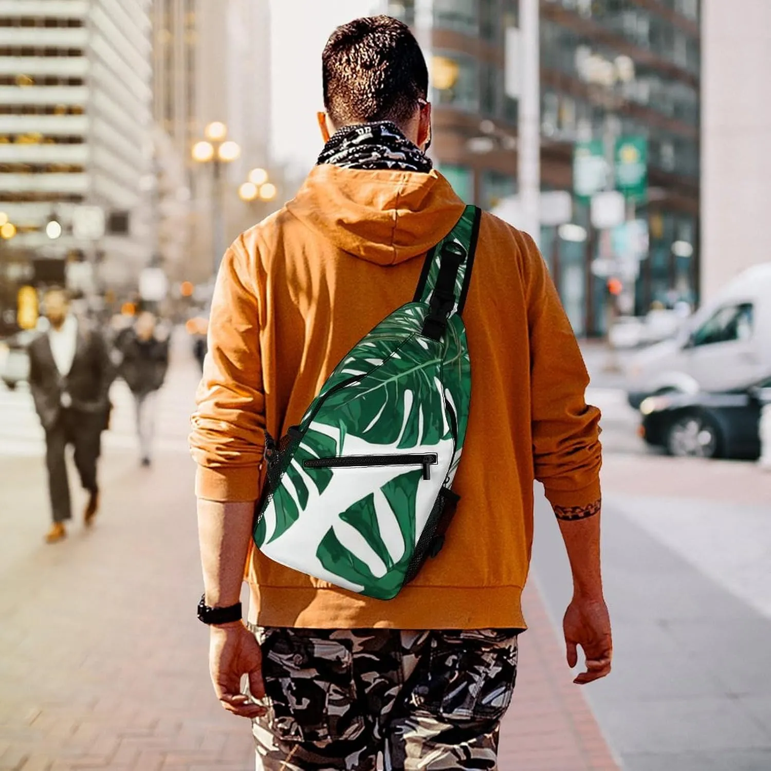Men Sling Backpack Packable Unbalance Chest Day Bag - Green Leaf Tropical Palm Tree Leaves Art Multipurpose Anti-Theft Rucksack Messenger Bag With Adjustable Shoulder Strap