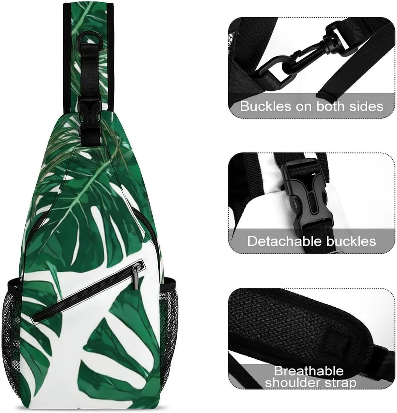 Men Sling Backpack Packable Unbalance Chest Day Bag - Green Leaf Tropical Palm Tree Leaves Art Multipurpose Anti-Theft Rucksack Messenger Bag With Adjustable Shoulder Strap