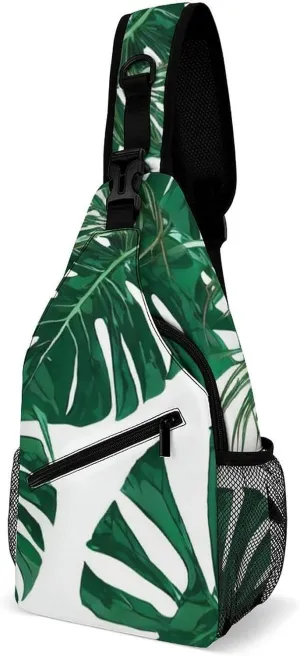 Men Sling Backpack Packable Unbalance Chest Day Bag - Green Leaf Tropical Palm Tree Leaves Art Multipurpose Anti-Theft Rucksack Messenger Bag With Adjustable Shoulder Strap