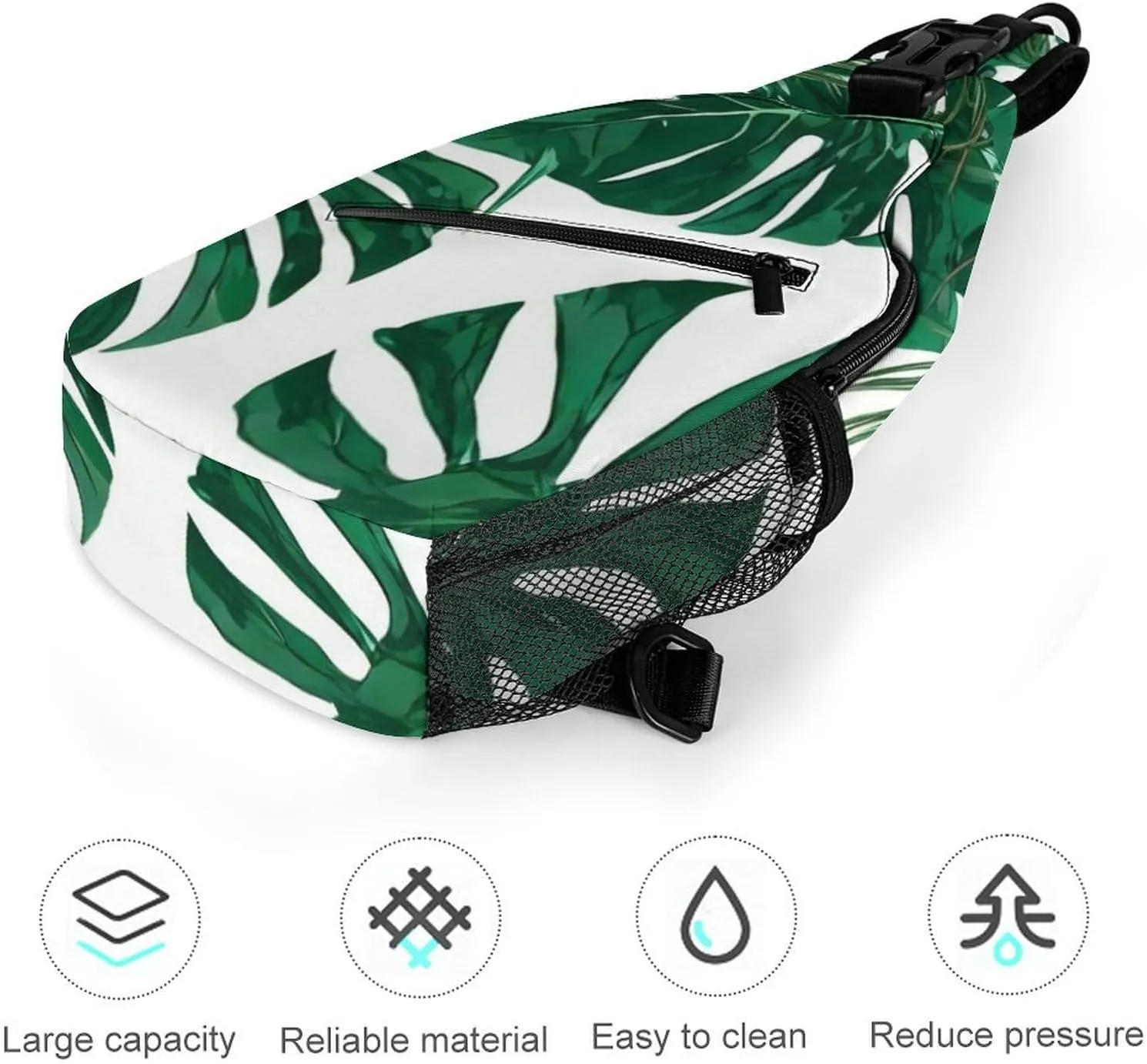 Men Sling Backpack Packable Unbalance Chest Day Bag - Green Leaf Tropical Palm Tree Leaves Art Multipurpose Anti-Theft Rucksack Messenger Bag With Adjustable Shoulder Strap