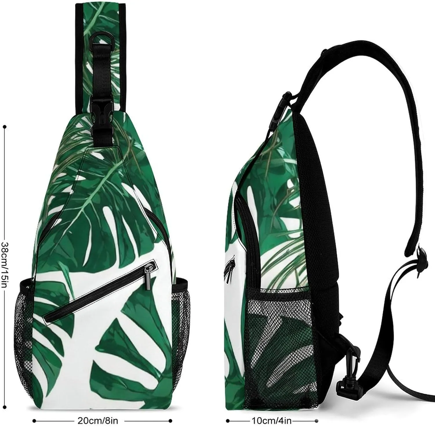 Men Sling Backpack Packable Unbalance Chest Day Bag - Green Leaf Tropical Palm Tree Leaves Art Multipurpose Anti-Theft Rucksack Messenger Bag With Adjustable Shoulder Strap