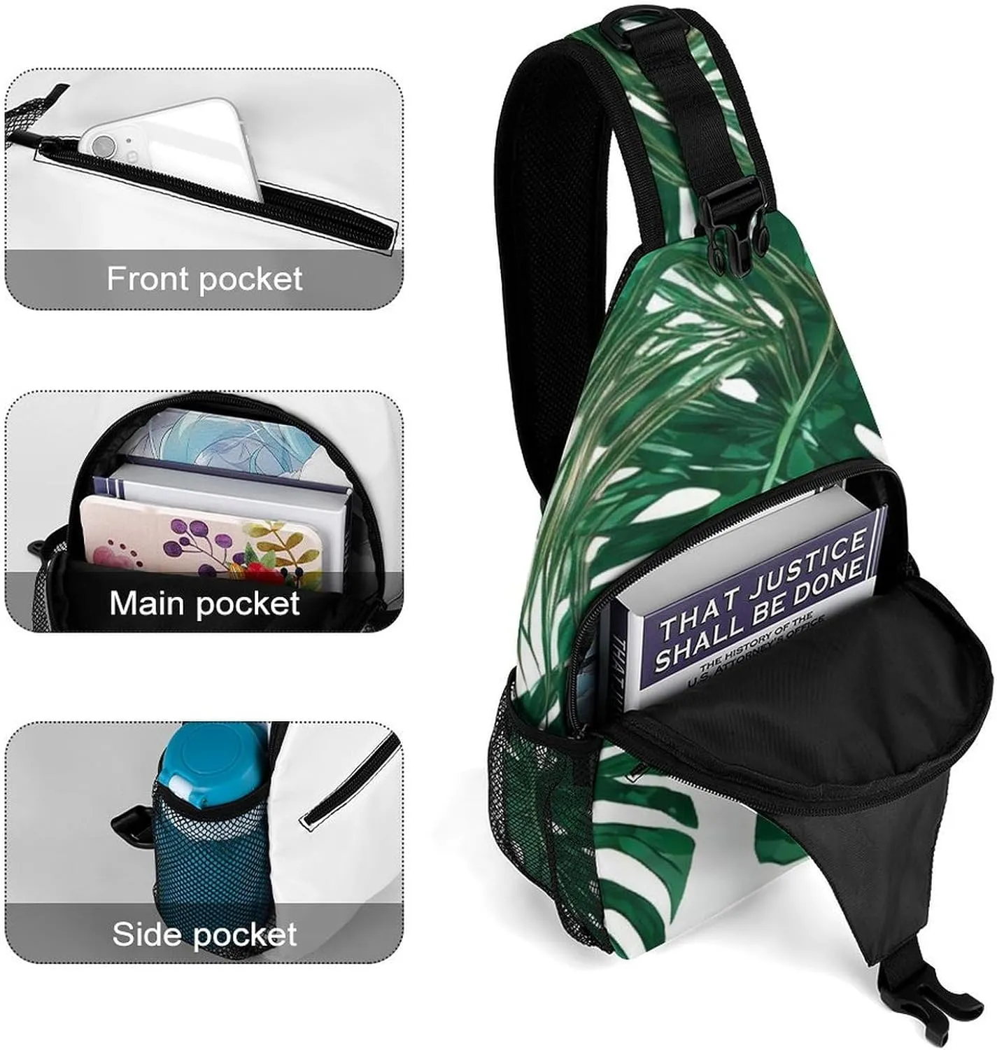 Men Sling Backpack Packable Unbalance Chest Day Bag - Green Leaf Tropical Palm Tree Leaves Art Multipurpose Anti-Theft Rucksack Messenger Bag With Adjustable Shoulder Strap