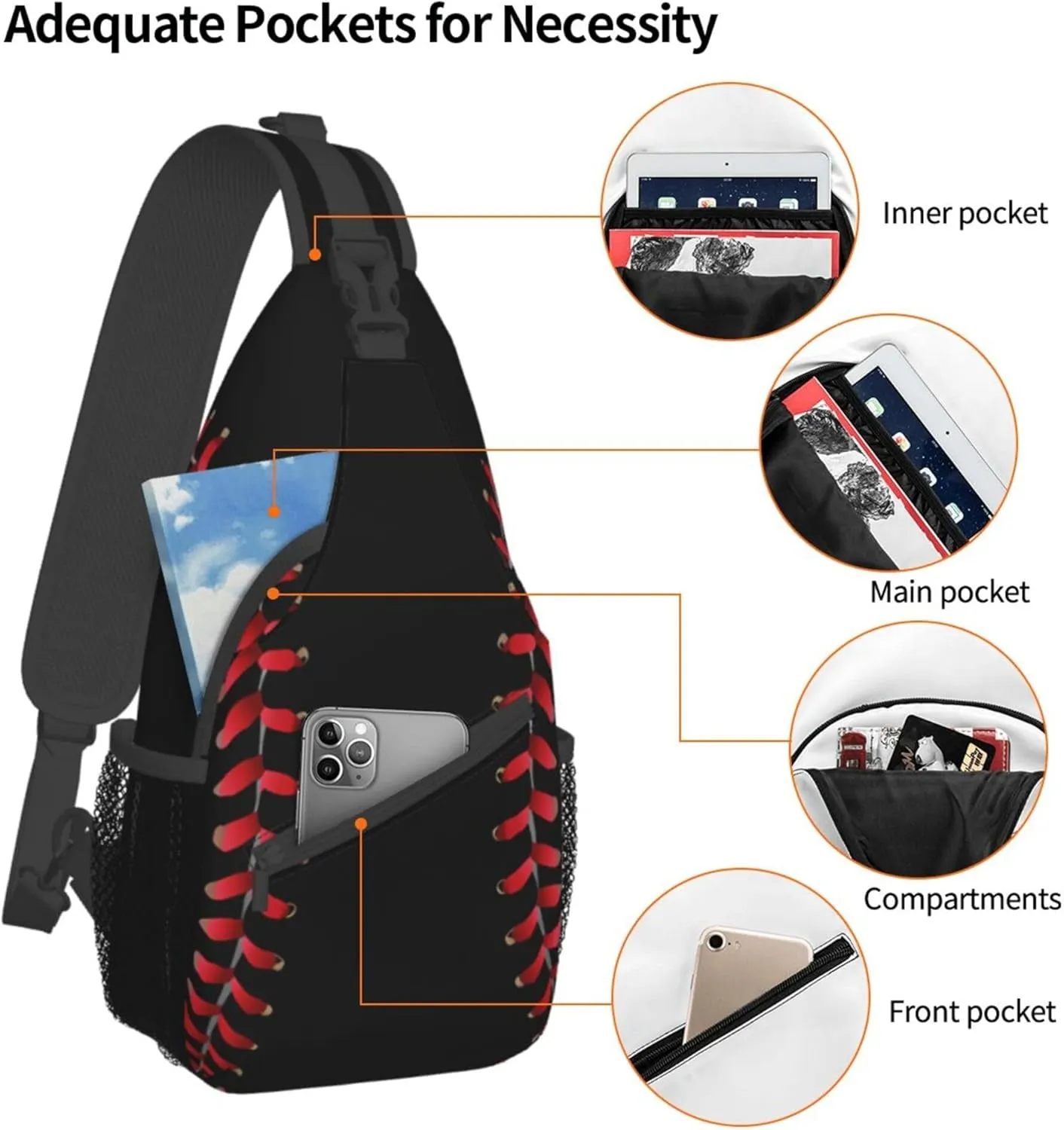 Men Women Sling Bag Premium Cool Black Baseball Sport Softball American Sling Bag Multipurpose Sling Shoulder Backpack For Gym, Cycling, Running, Bicycle