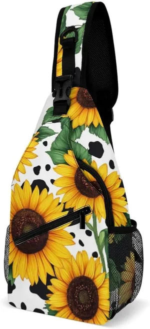 Men Women Sling Shoulder Backpack Packable Handy Chest Day Bag - 80S Vintage Sunflower Cow Print Multipurpose Anti-Theft Daypack Tactical Satchel With Adjustable Shoulder Strap