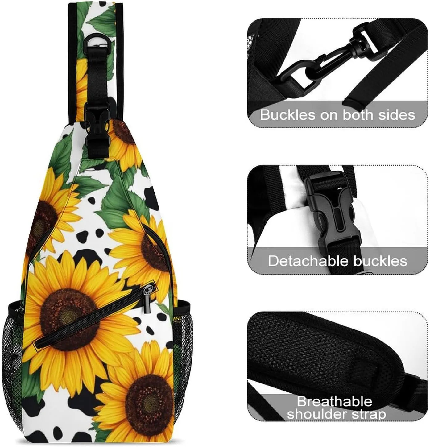 Men Women Sling Shoulder Backpack Packable Handy Chest Day Bag - 80S Vintage Sunflower Cow Print Multipurpose Anti-Theft Daypack Tactical Satchel With Adjustable Shoulder Strap