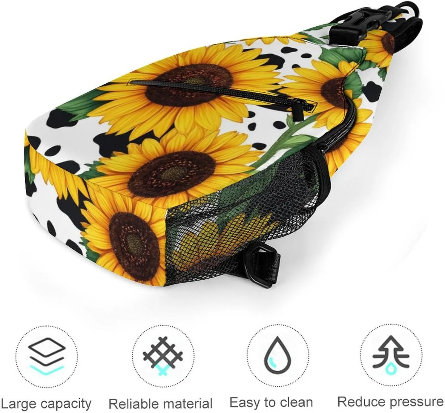 Men Women Sling Shoulder Backpack Packable Handy Chest Day Bag - 80S Vintage Sunflower Cow Print Multipurpose Anti-Theft Daypack Tactical Satchel With Adjustable Shoulder Strap