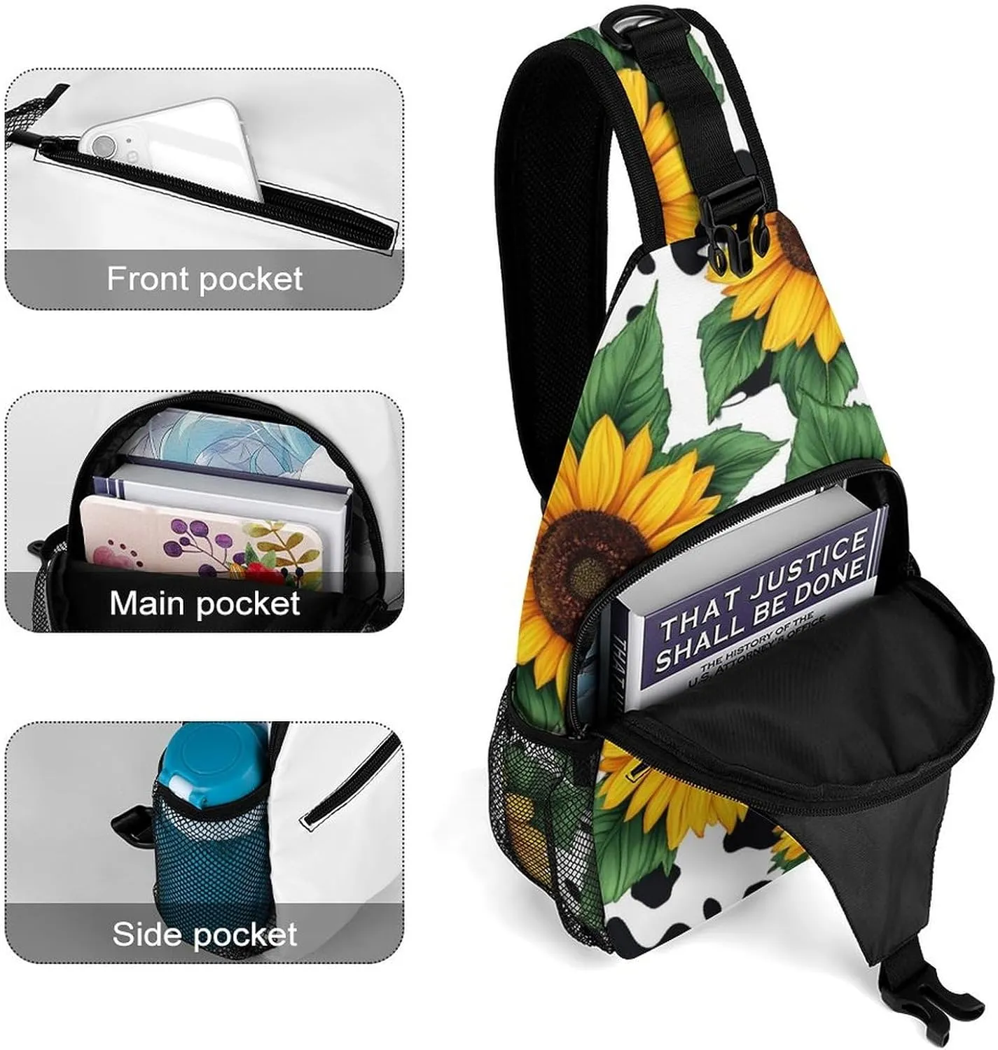 Men Women Sling Shoulder Backpack Packable Handy Chest Day Bag - 80S Vintage Sunflower Cow Print Multipurpose Anti-Theft Daypack Tactical Satchel With Adjustable Shoulder Strap