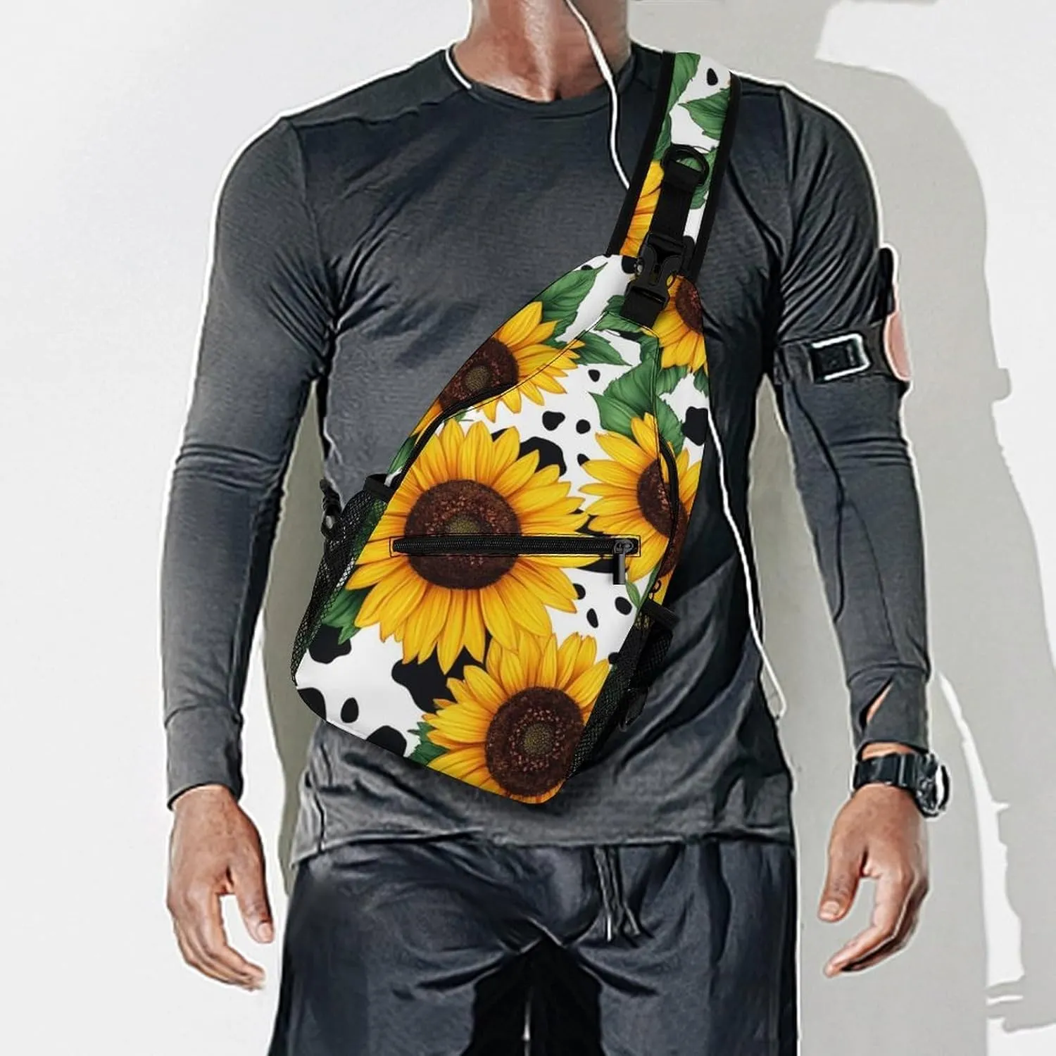 Men Women Sling Shoulder Backpack Packable Handy Chest Day Bag - 80S Vintage Sunflower Cow Print Multipurpose Anti-Theft Daypack Tactical Satchel With Adjustable Shoulder Strap