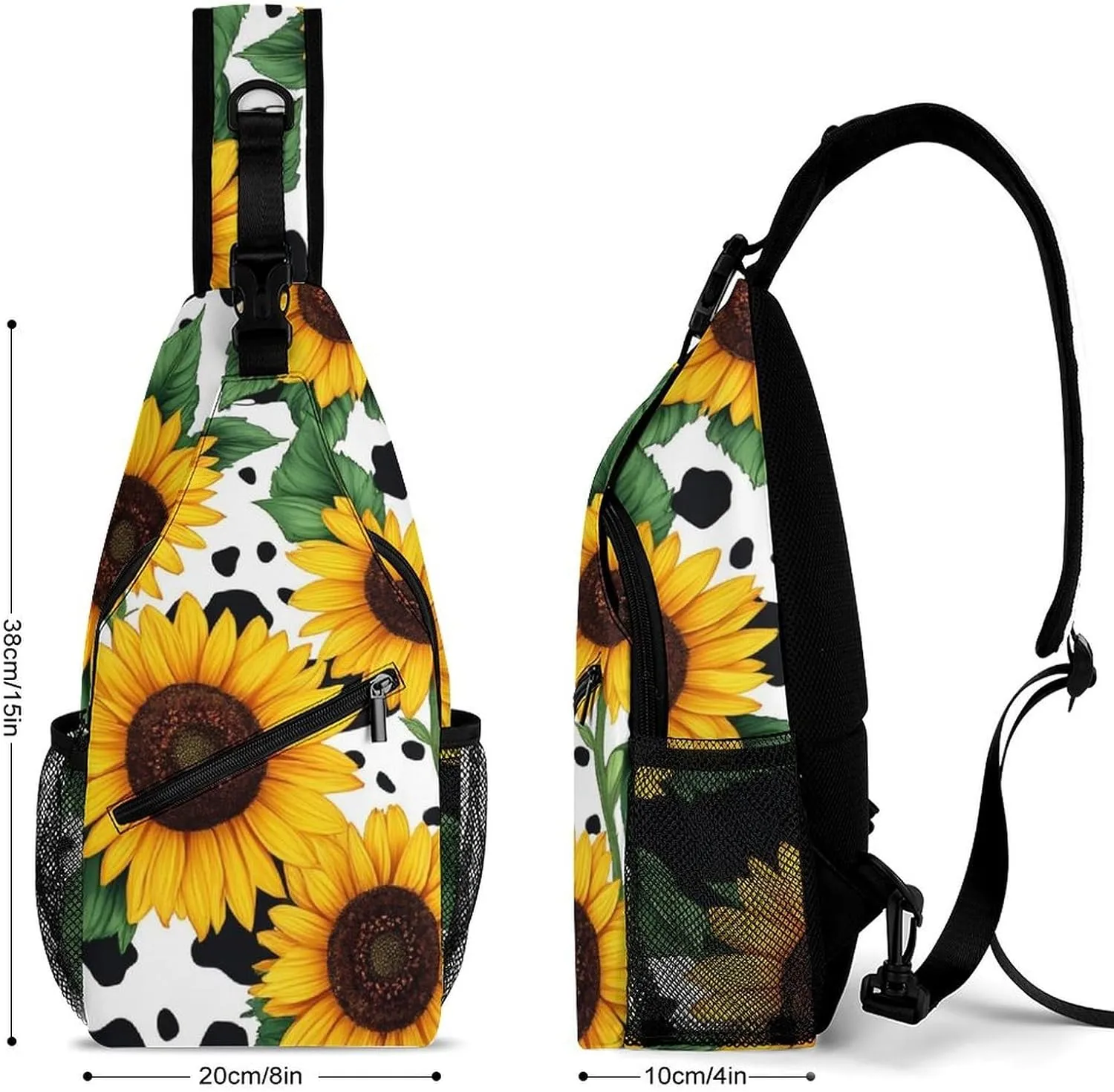 Men Women Sling Shoulder Backpack Packable Handy Chest Day Bag - 80S Vintage Sunflower Cow Print Multipurpose Anti-Theft Daypack Tactical Satchel With Adjustable Shoulder Strap