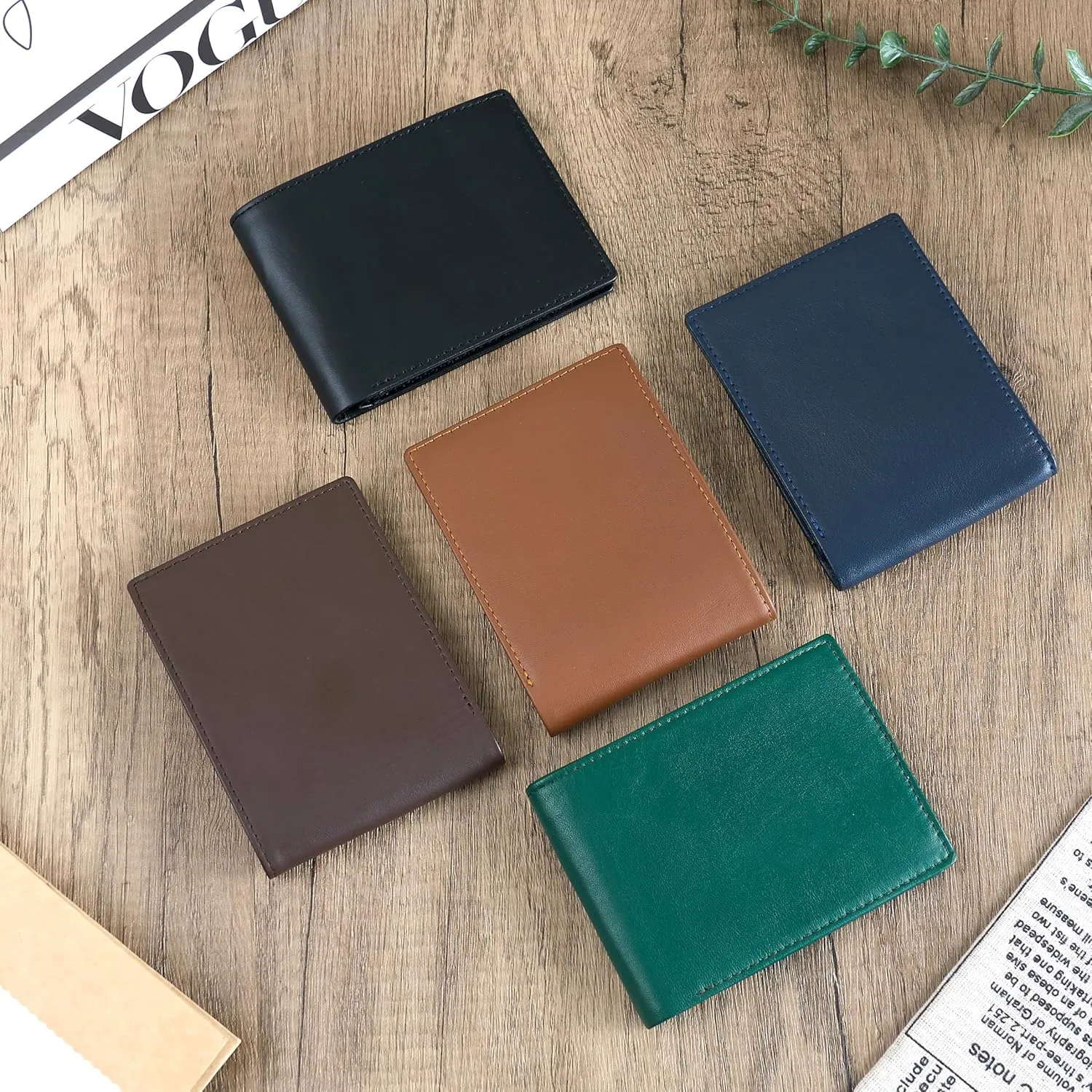 Men's Black Leather Bifold Wallet RFID Blocking Front Pocket Security Passcase Cowhide Durable Extra Capacity Billfold 6 Credit Cards with Flip-out ID Window Classic Handmade Gift For Him VINAM-B-01