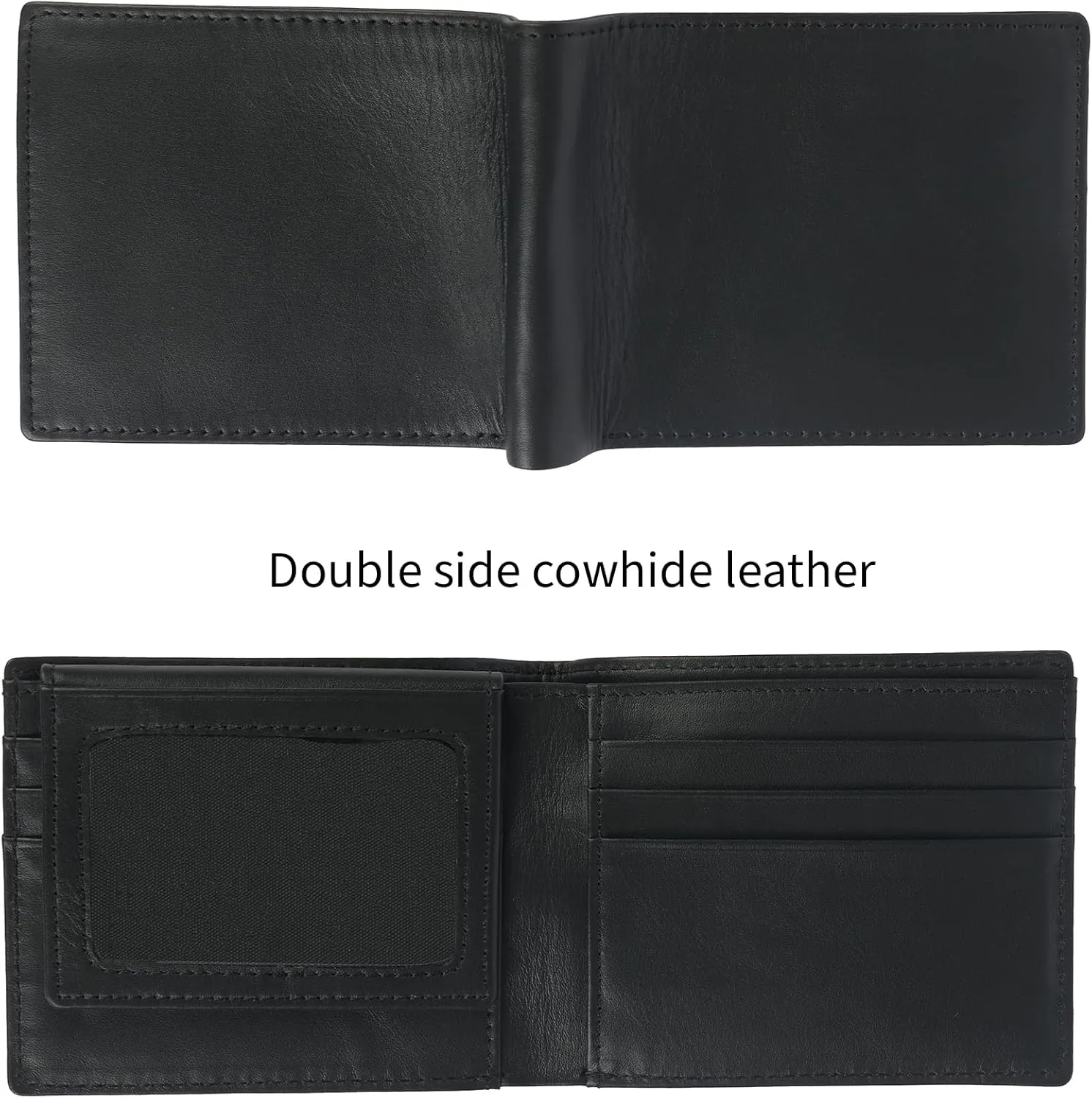 Men's Black Leather Bifold Wallet RFID Blocking Front Pocket Security Passcase Cowhide Durable Extra Capacity Billfold 6 Credit Cards with Flip-out ID Window Classic Handmade Gift For Him VINAM-B-01