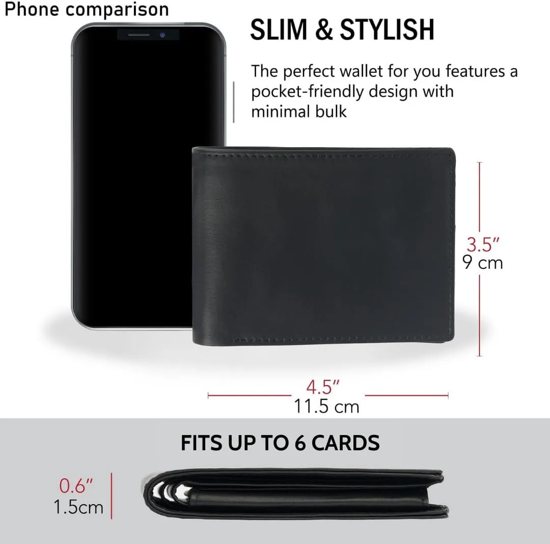 Men's Black Leather Bifold Wallet RFID Blocking Front Pocket Security Passcase Cowhide Durable Extra Capacity Billfold 6 Credit Cards with Flip-out ID Window Classic Handmade Gift For Him VINAM-B-01