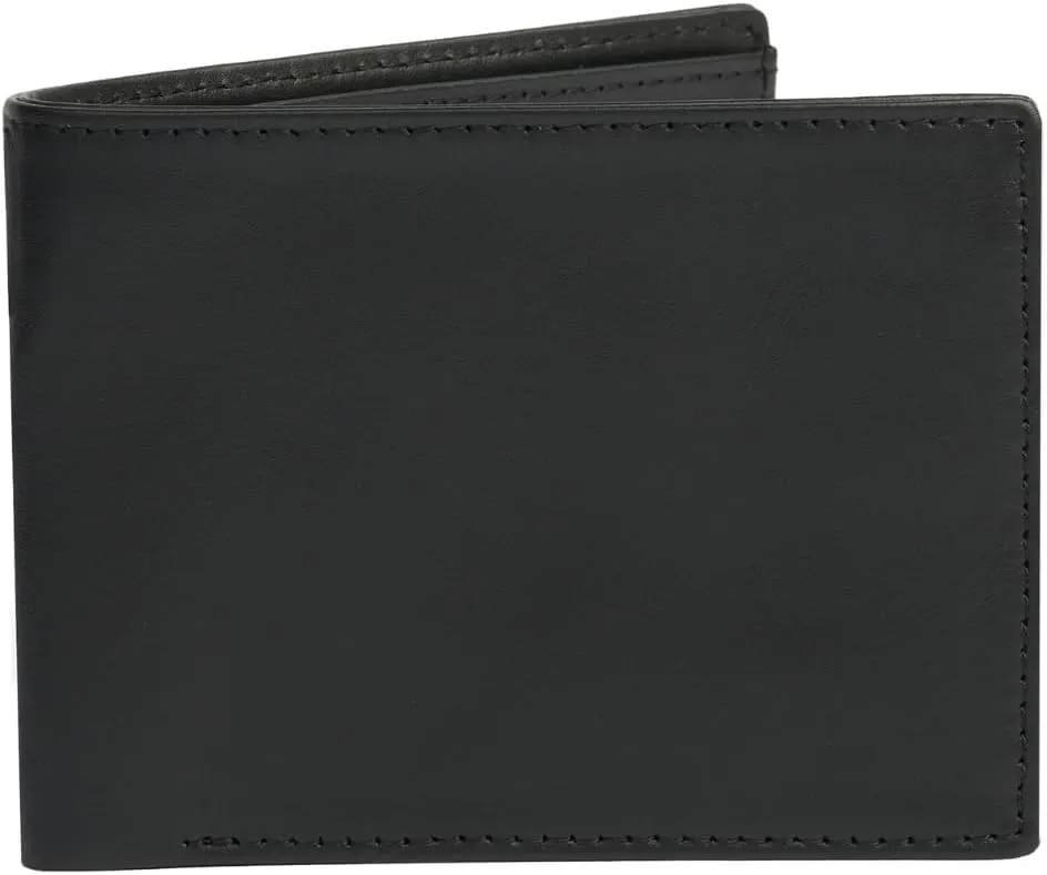 Men's Black Leather Bifold Wallet RFID Blocking Front Pocket Security Passcase Cowhide Durable Extra Capacity Billfold 6 Credit Cards with Flip-out ID Window Classic Handmade Gift For Him VINAM-B-01