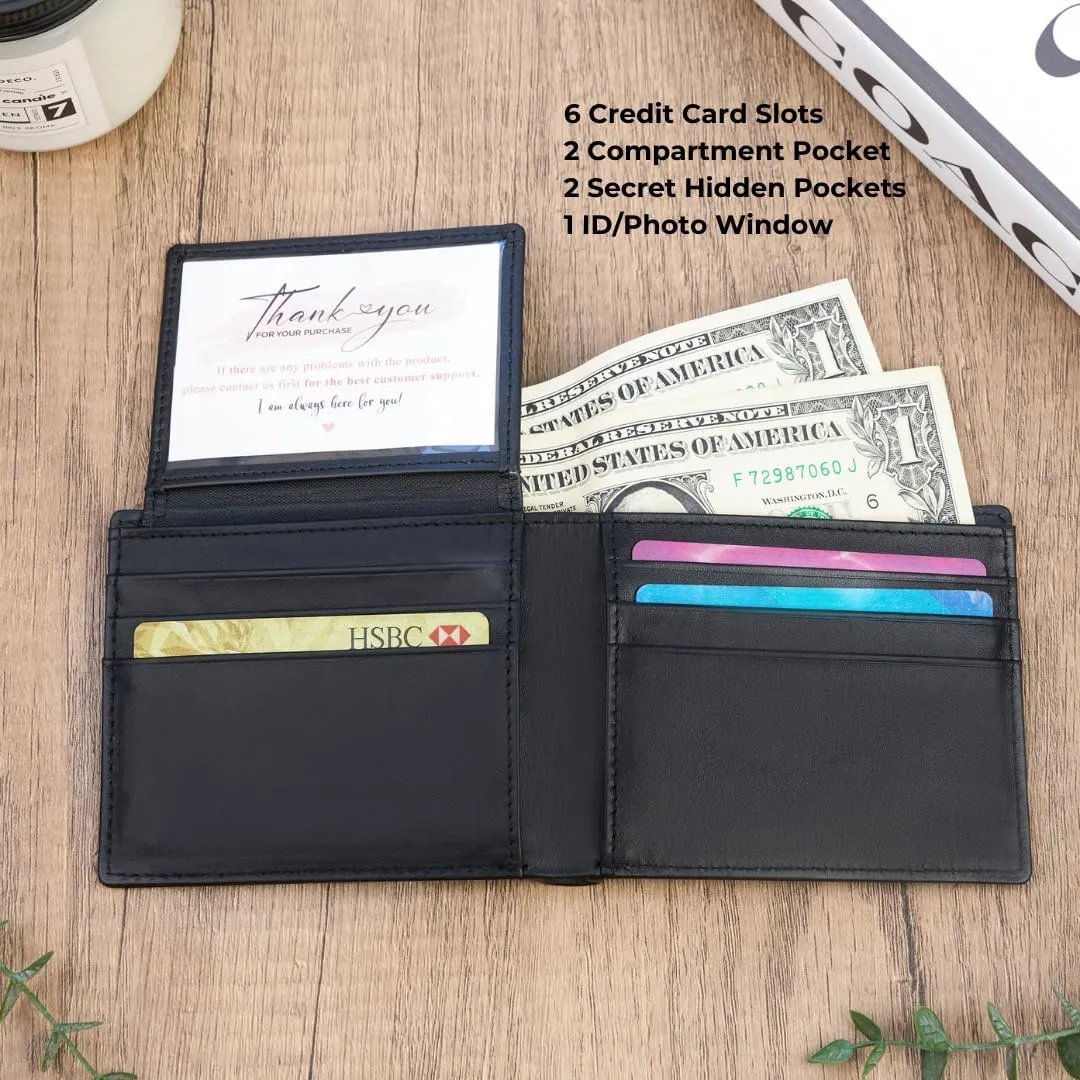 Men's Black Leather Bifold Wallet RFID Blocking Front Pocket Security Passcase Cowhide Durable Extra Capacity Billfold 6 Credit Cards with Flip-out ID Window Classic Handmade Gift For Him VINAM-B-01