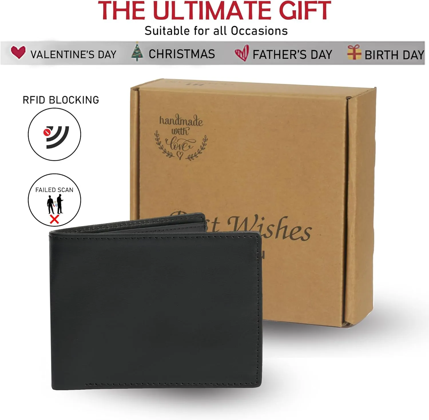 Men's Black Leather Bifold Wallet RFID Blocking Front Pocket Security Passcase Cowhide Durable Extra Capacity Billfold 6 Credit Cards with Flip-out ID Window Classic Handmade Gift For Him VINAM-B-01