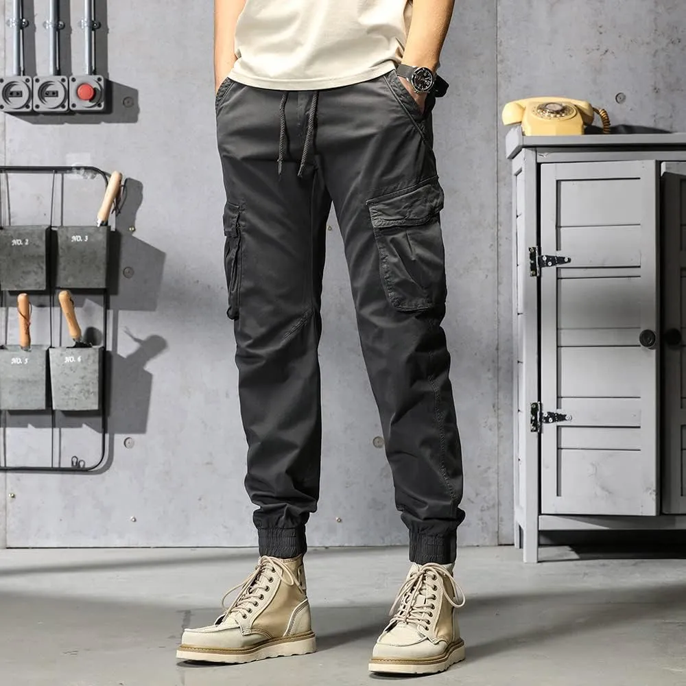 Men's Regular Fit Military Cargo Pants Drawstring Cotton Multi Pockets Work Trousers
