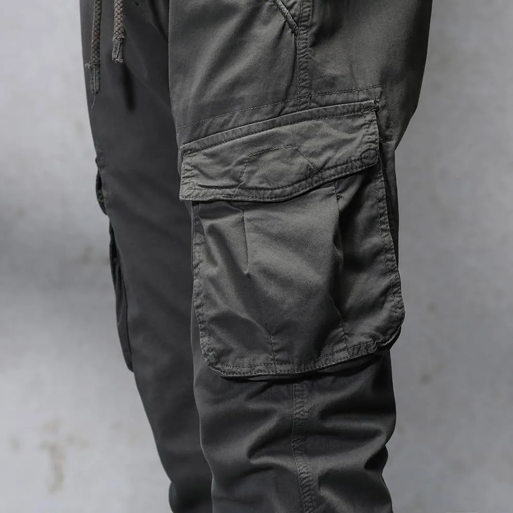 Men's Regular Fit Military Cargo Pants Drawstring Cotton Multi Pockets Work Trousers