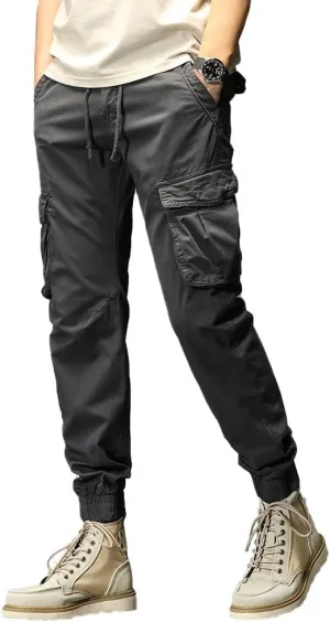 Men's Regular Fit Military Cargo Pants Drawstring Cotton Multi Pockets Work Trousers