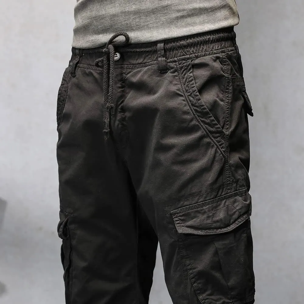 Men's Regular Fit Military Cargo Pants Drawstring Cotton Multi Pockets Work Trousers