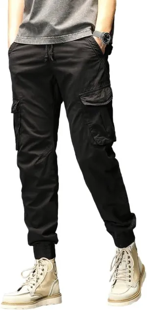 Men's Regular Fit Military Cargo Pants Drawstring Cotton Multi Pockets Work Trousers
