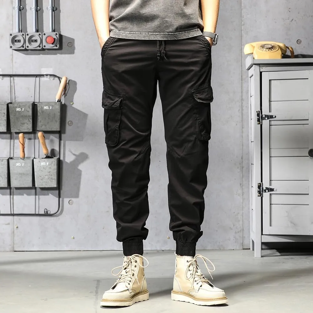 Men's Regular Fit Military Cargo Pants Drawstring Cotton Multi Pockets Work Trousers