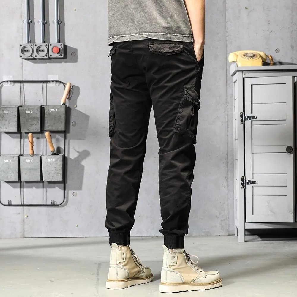 Men's Regular Fit Military Cargo Pants Drawstring Cotton Multi Pockets Work Trousers
